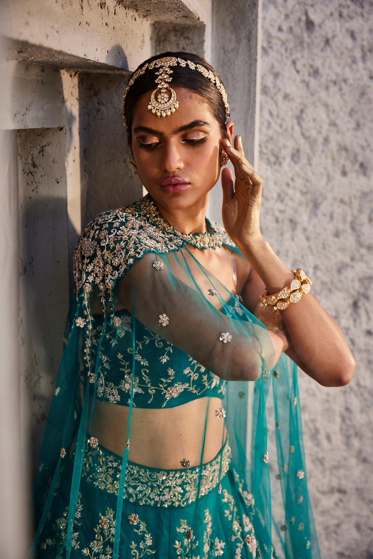 Teal Blue Creepers Heavy Lehenga