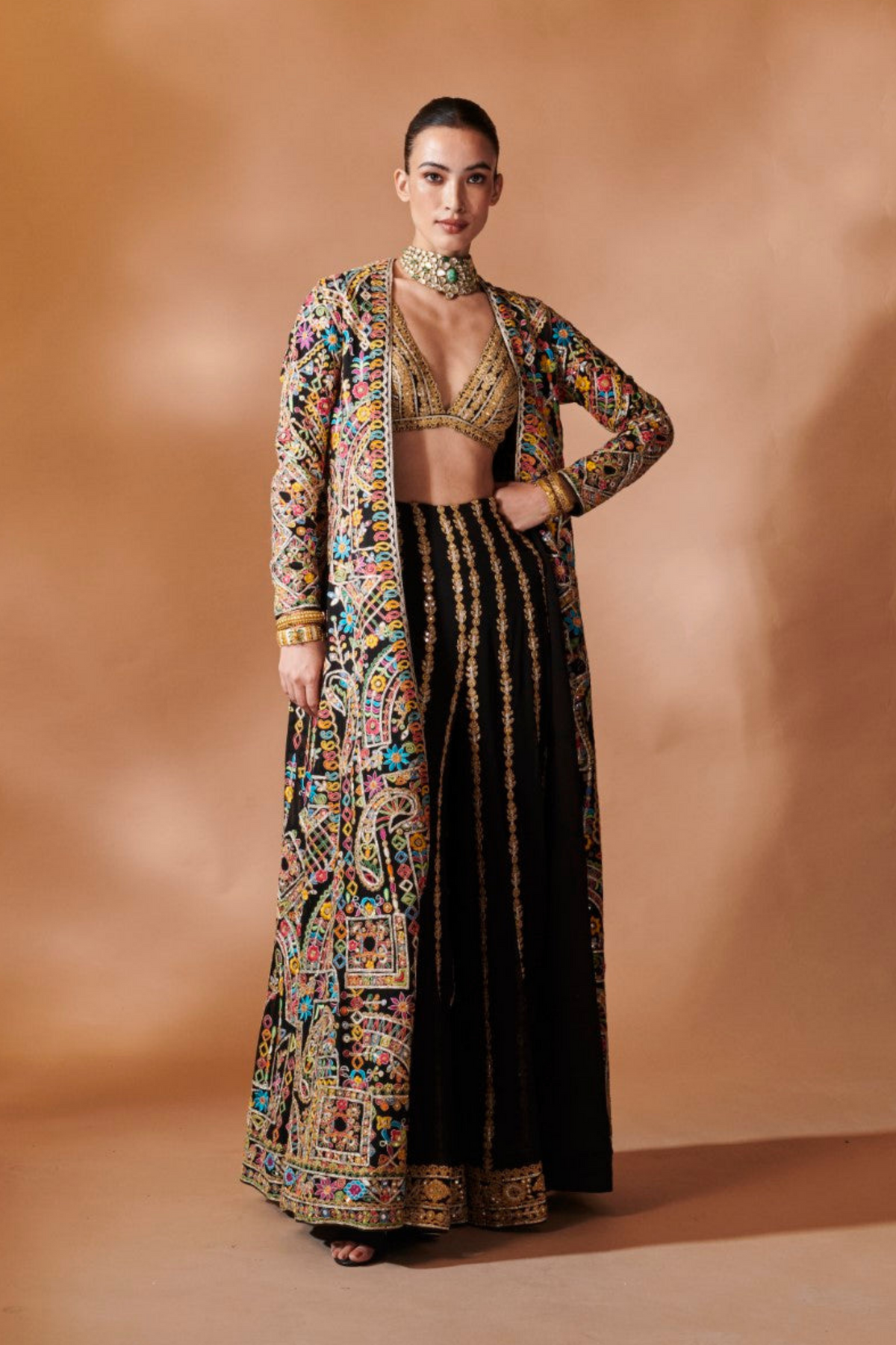 Black Long Embroidered Jacket With A Bustier And Sharara