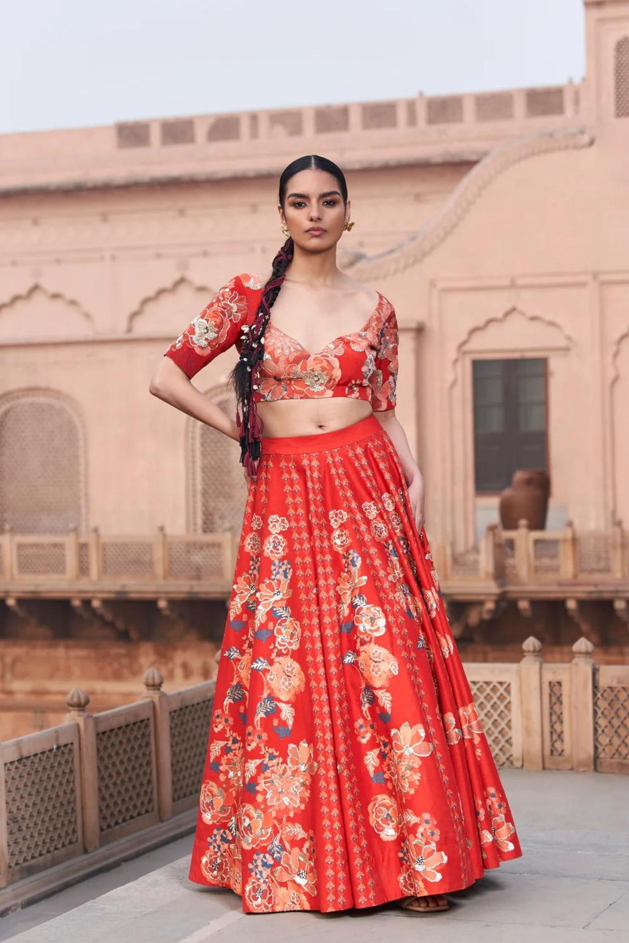 Archana Shah Red Moroccan Kali Wala Lehenga Set Elahe