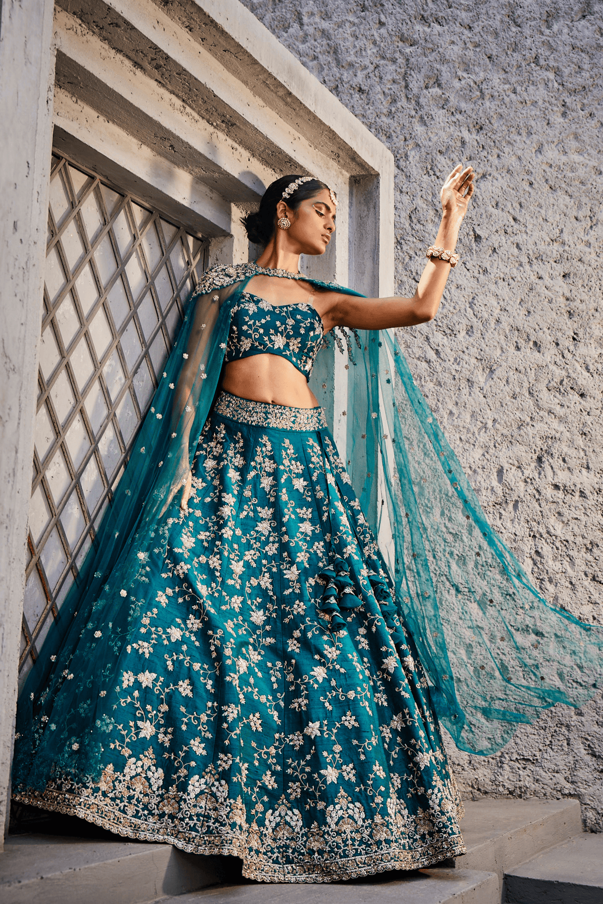 Teal Blue Creepers Heavy Lehenga