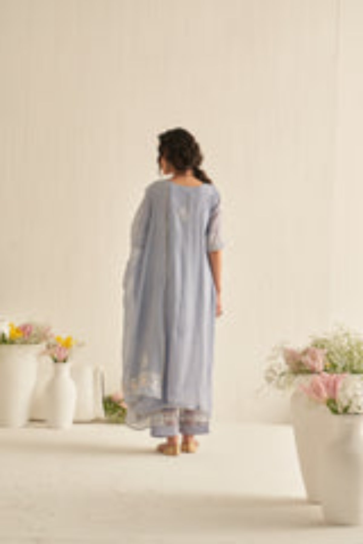 Ash Blue Mul Chanderi Mukaish Kurta Set