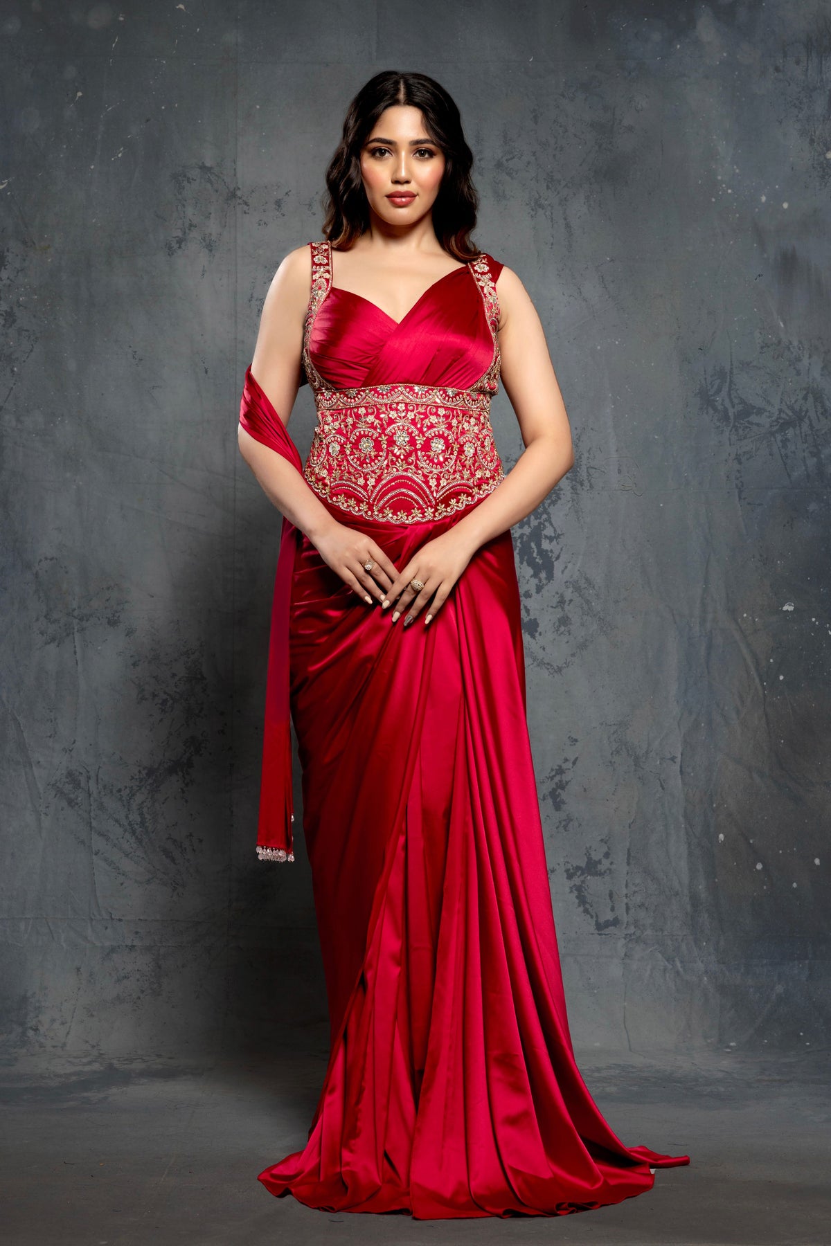 Cardinal Red Charmuse Saree Gown