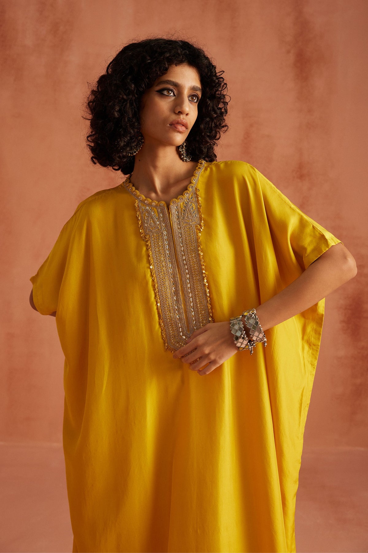 Yellow French Knot Kaftan Set