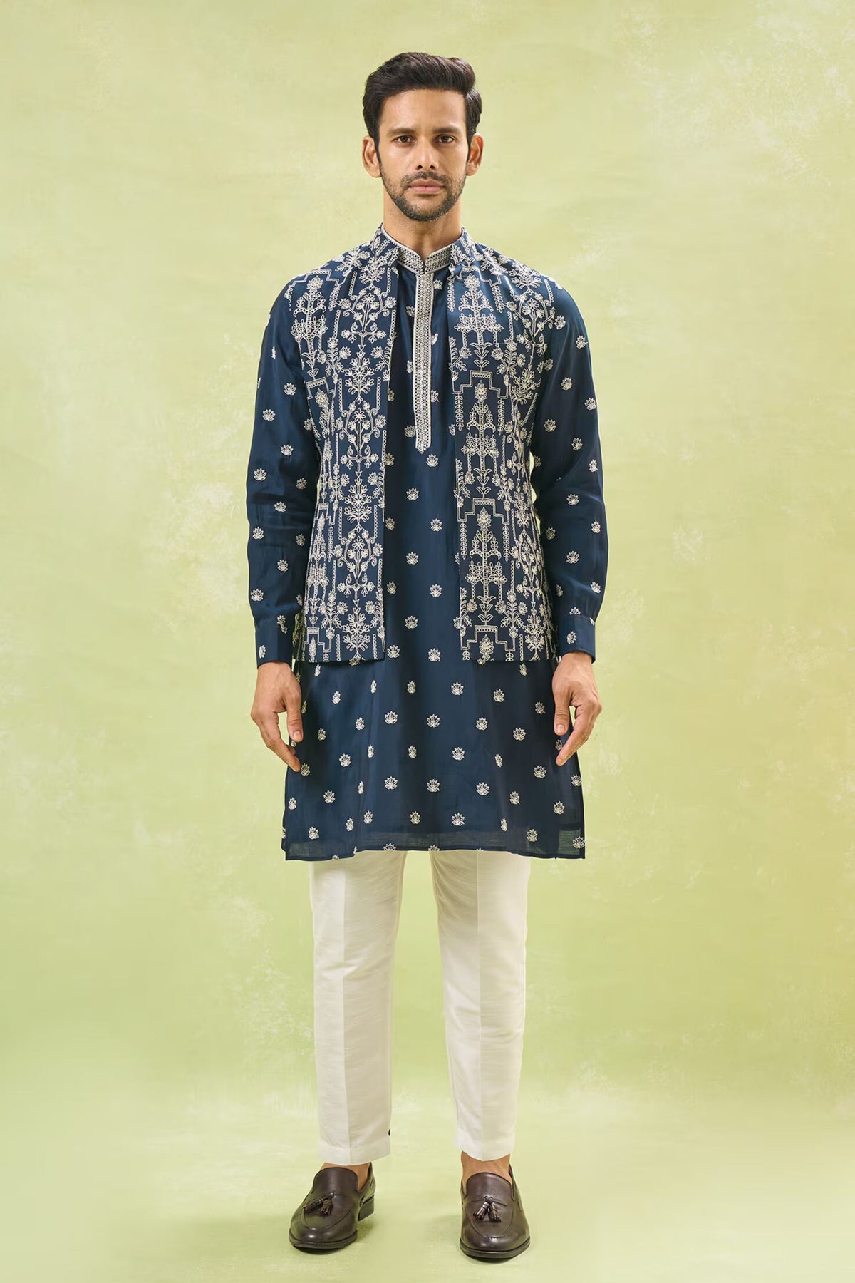 Blue Embroidered Nehru Jacket Set