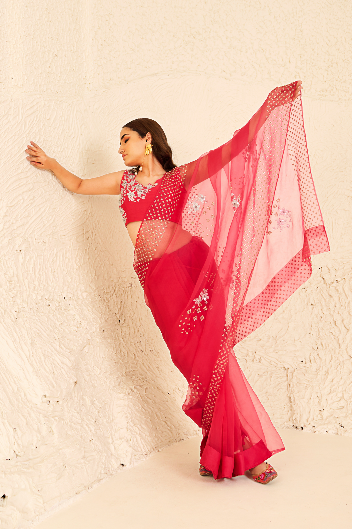 Red Organza Saree With Blouse