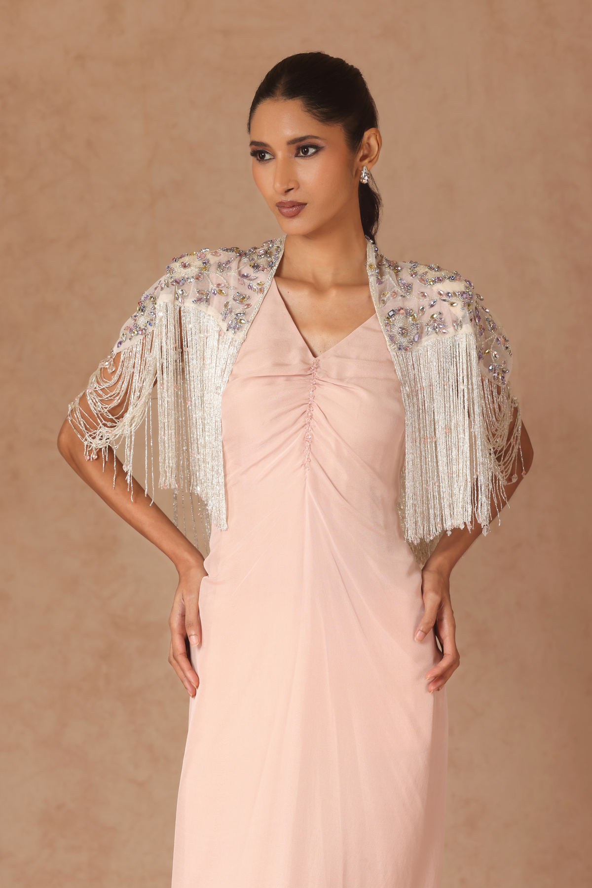 Drape Fringe Cape With Chiffon Dress