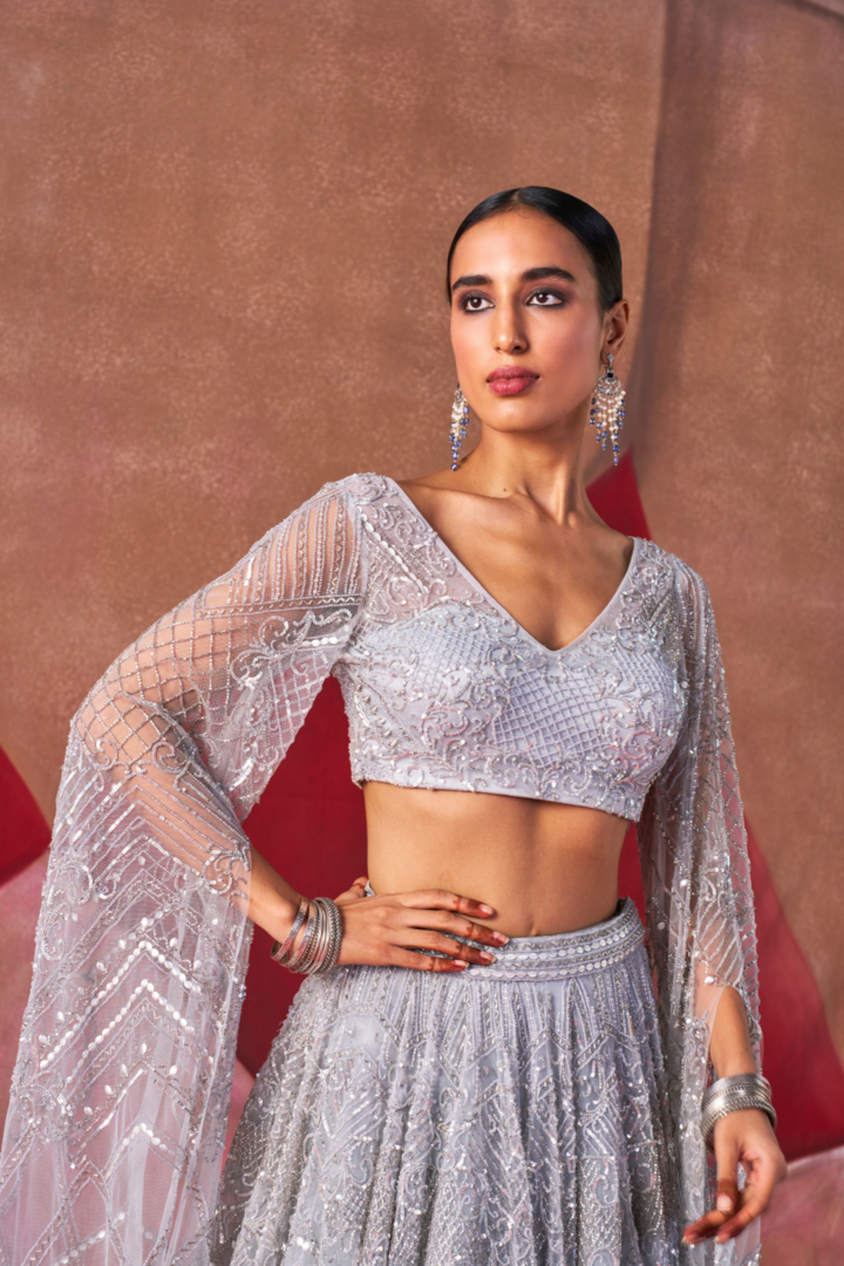 Grey Cocktail Flared Sleeves Lehenga Set