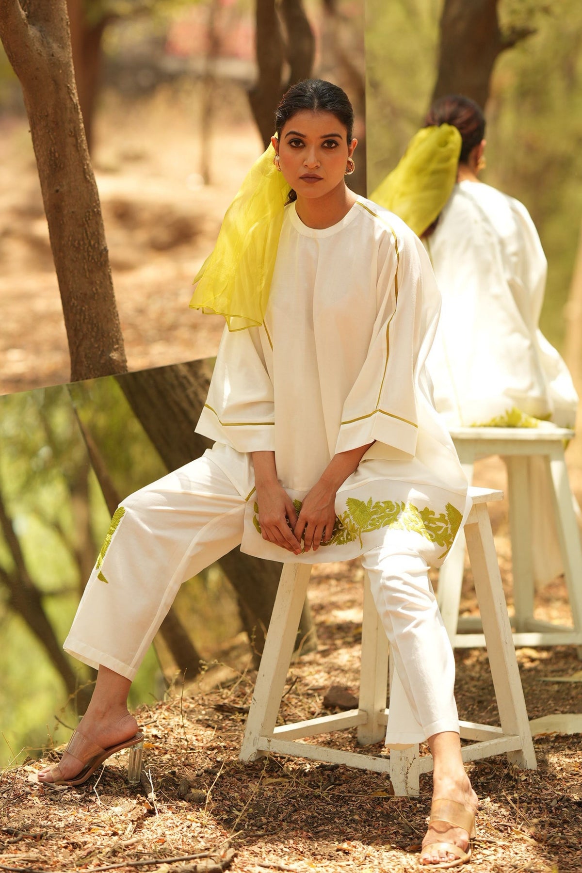 White Embroidered Short Kaftan With Pants