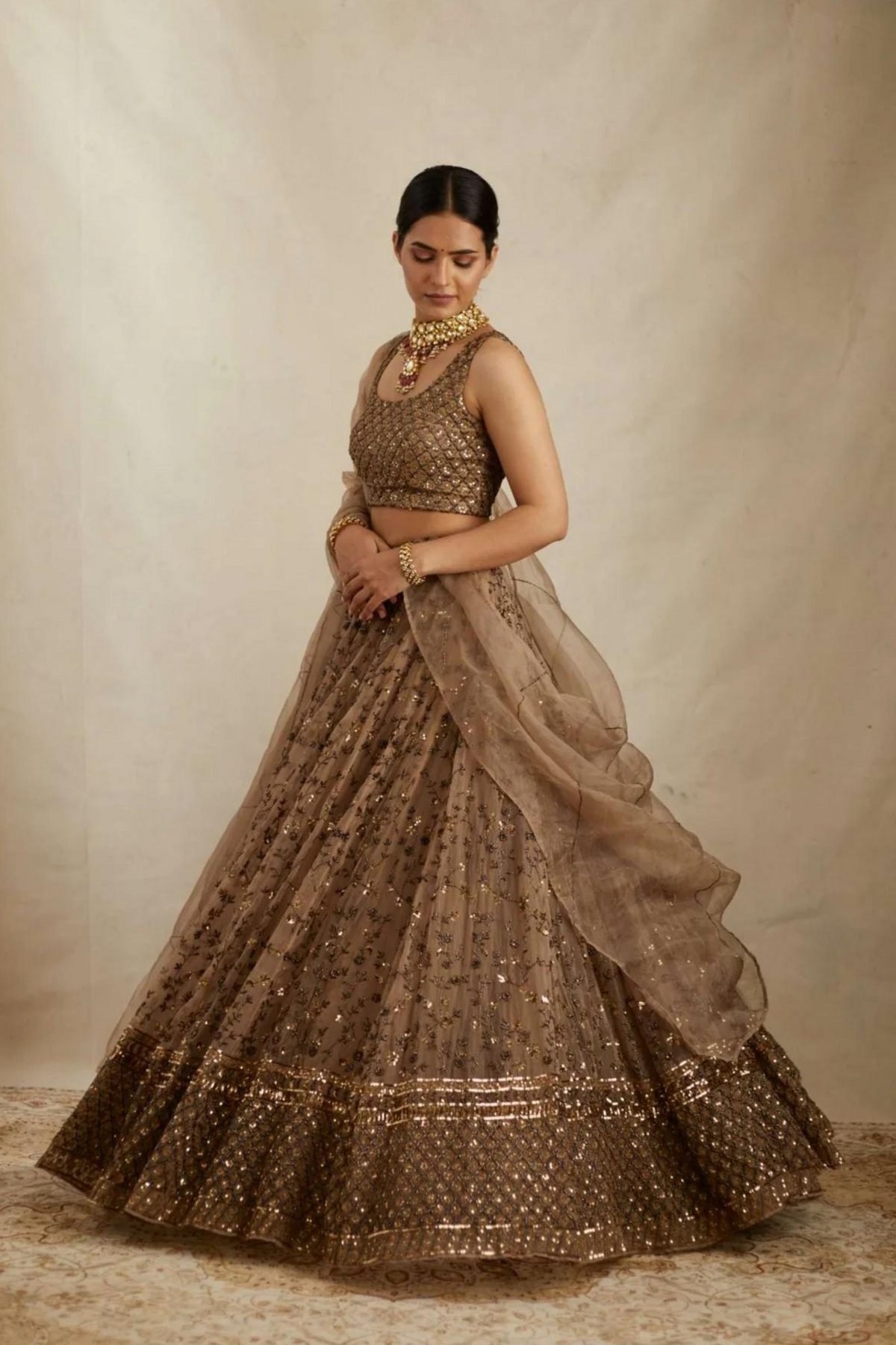 Brown Organza Heavy Lehenga Set