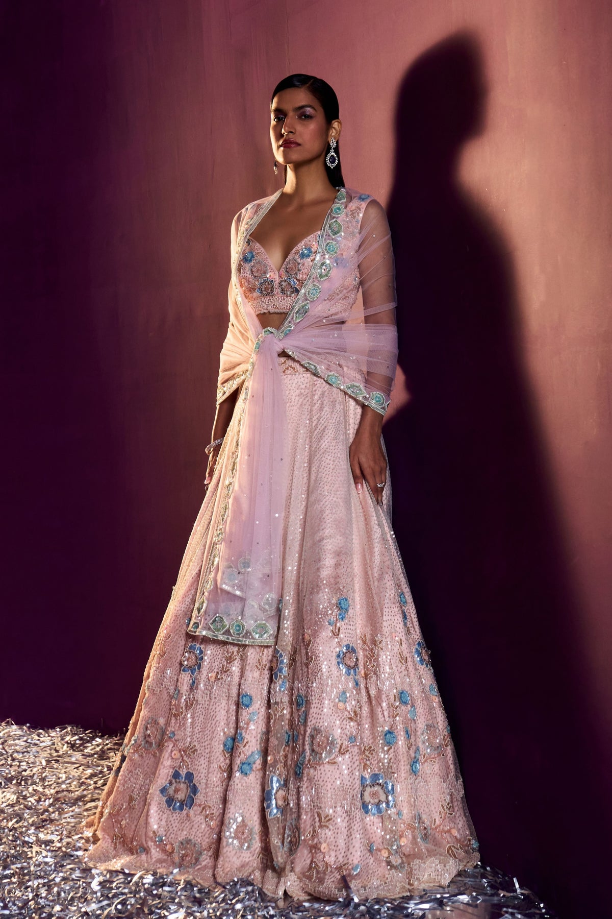 Peach Net Floral Lehenga Set