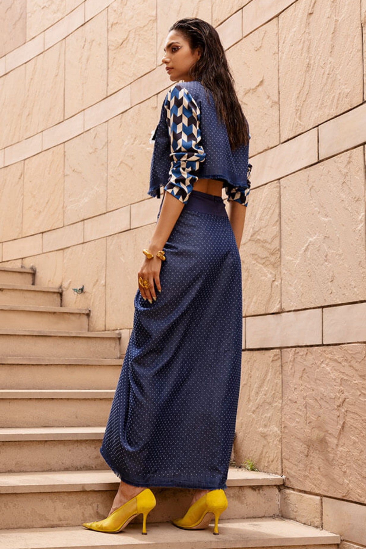 Denim Crop Jacket With Knotted Skirt