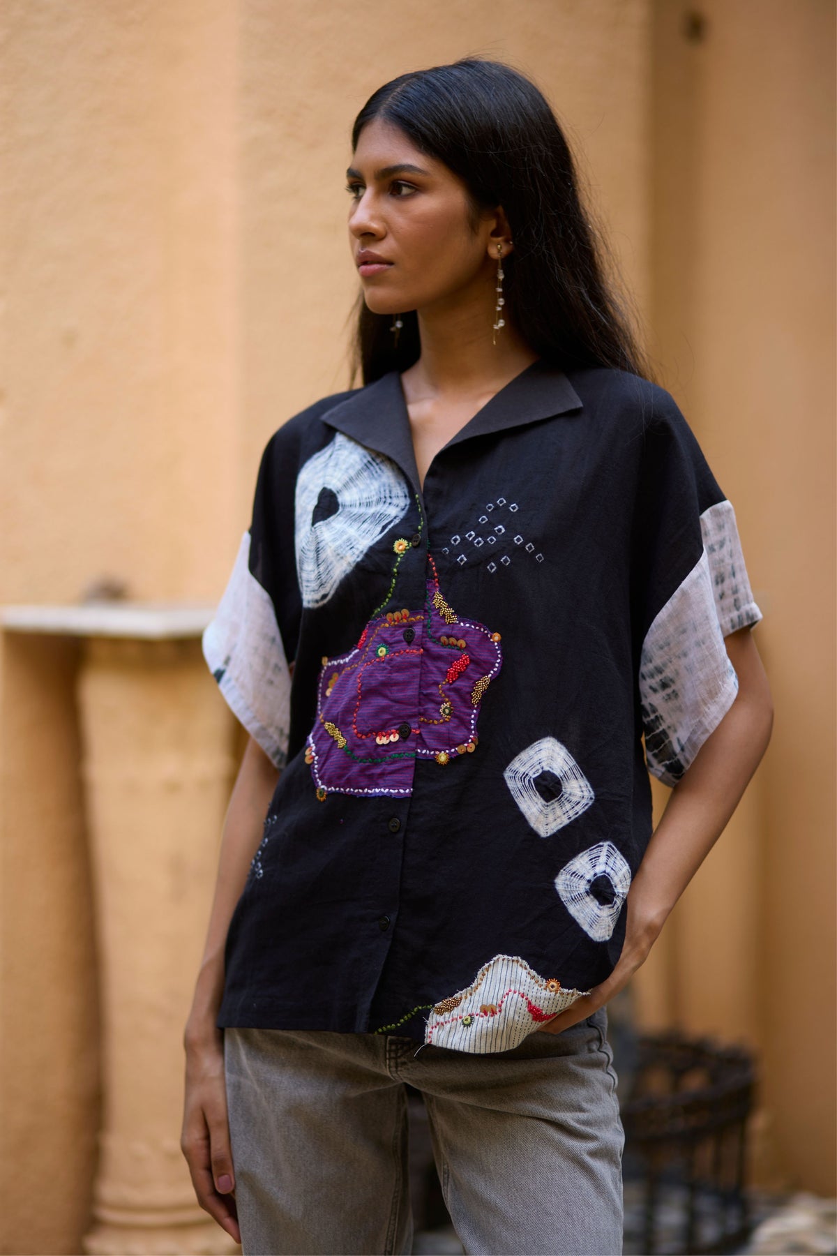 Black Bandhni Embroidered Shirt