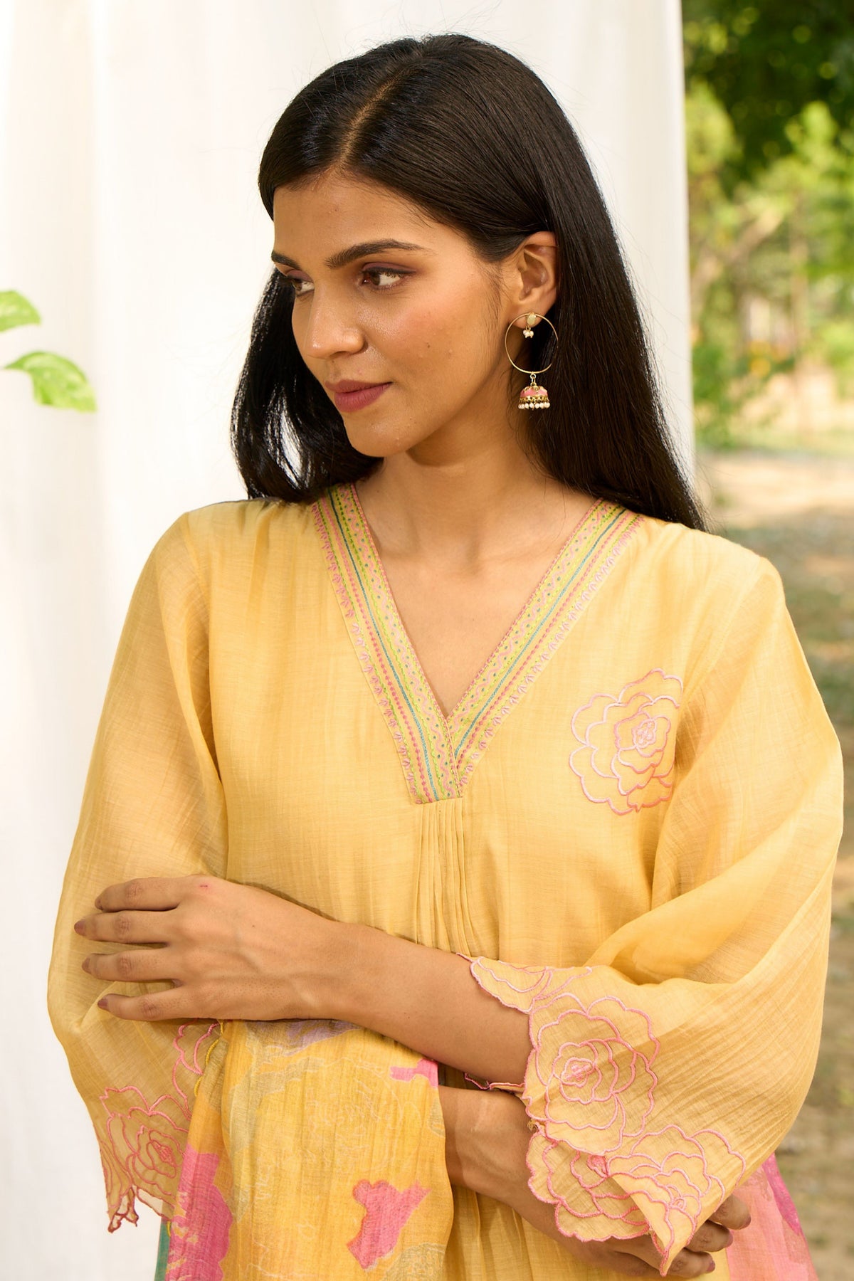 Yellow Kurta Set With Floral Embroidery