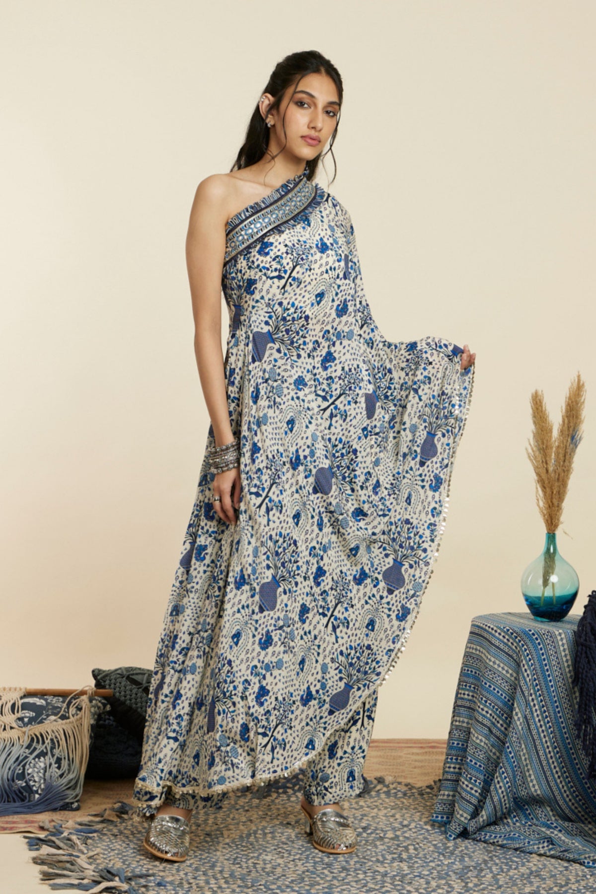 Blue One Shoulder Kaftan Set