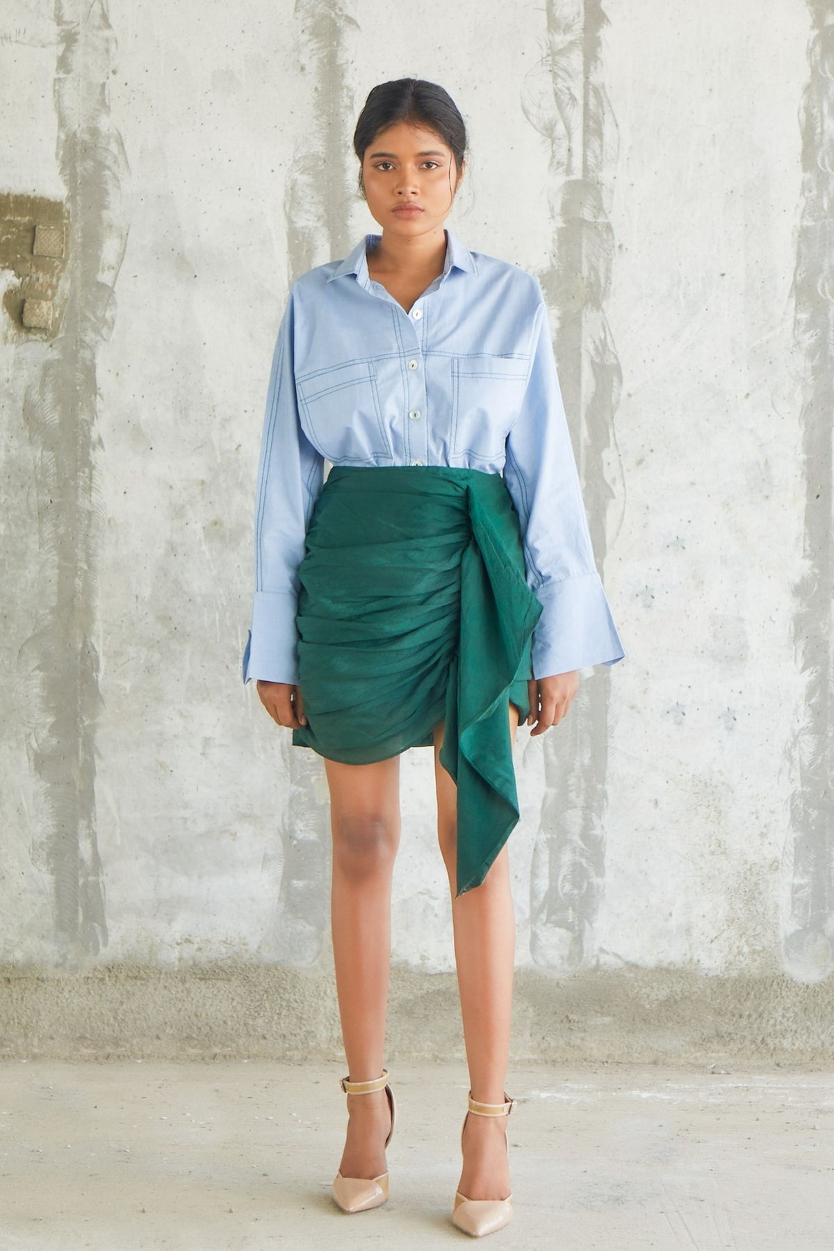 Pintuck Green Drape Skirt