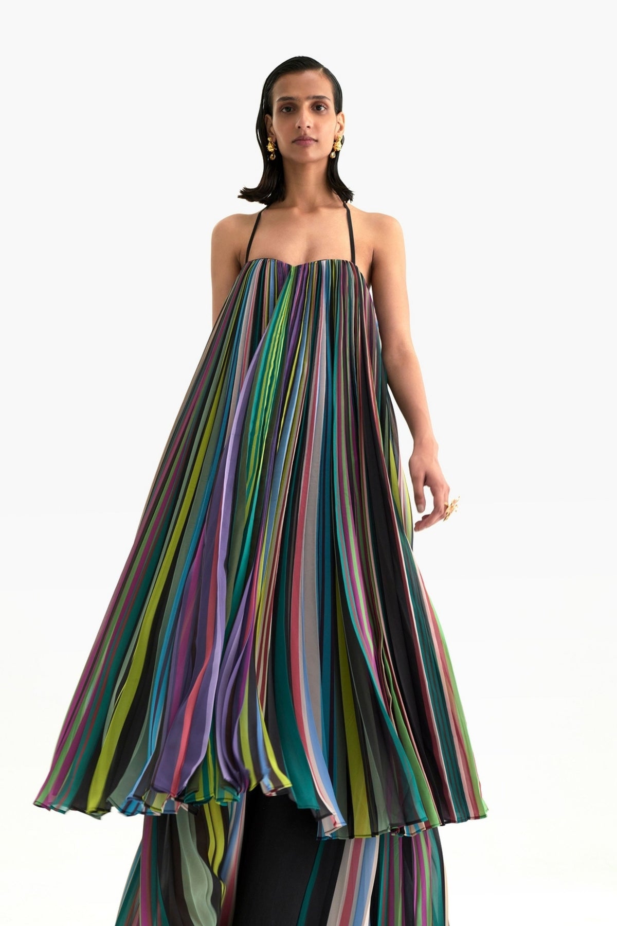 Printed Pleated Striped Dress