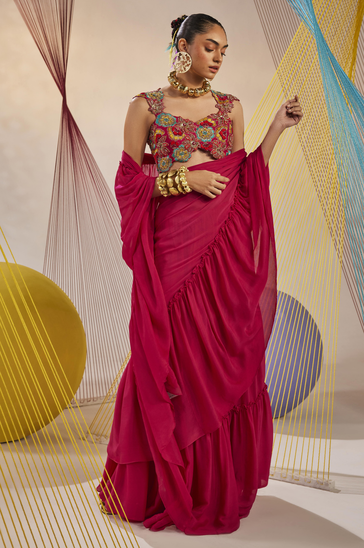 Rani Pink Swara Lehenga Saree Set