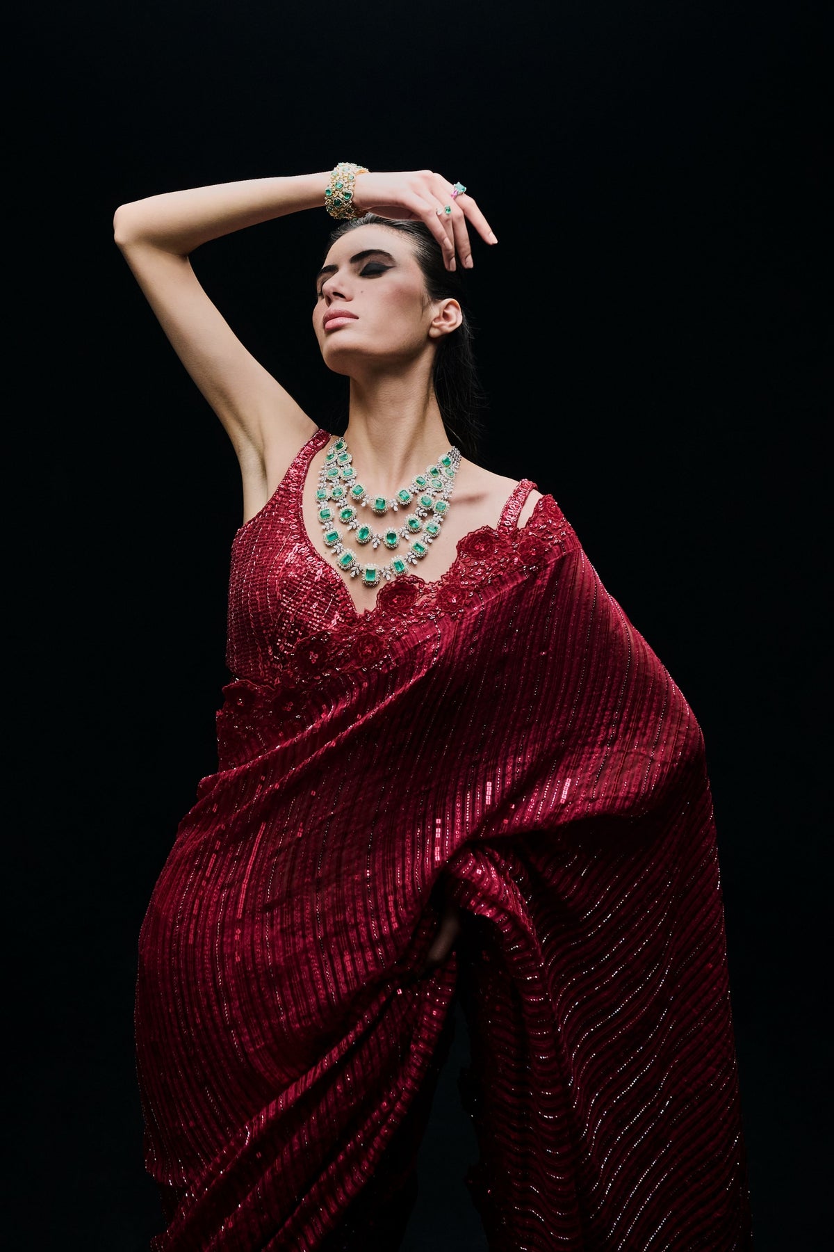 Red Sequins Gicha Saree