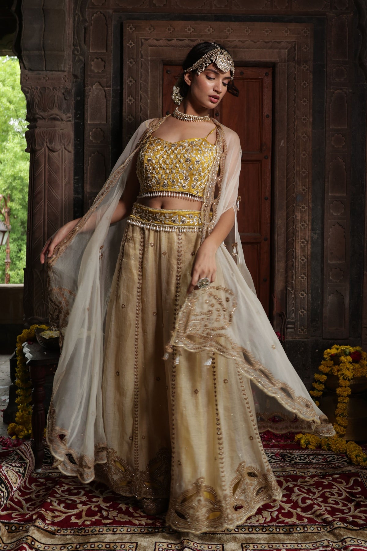 Yellow Beige Cape Sharara Set