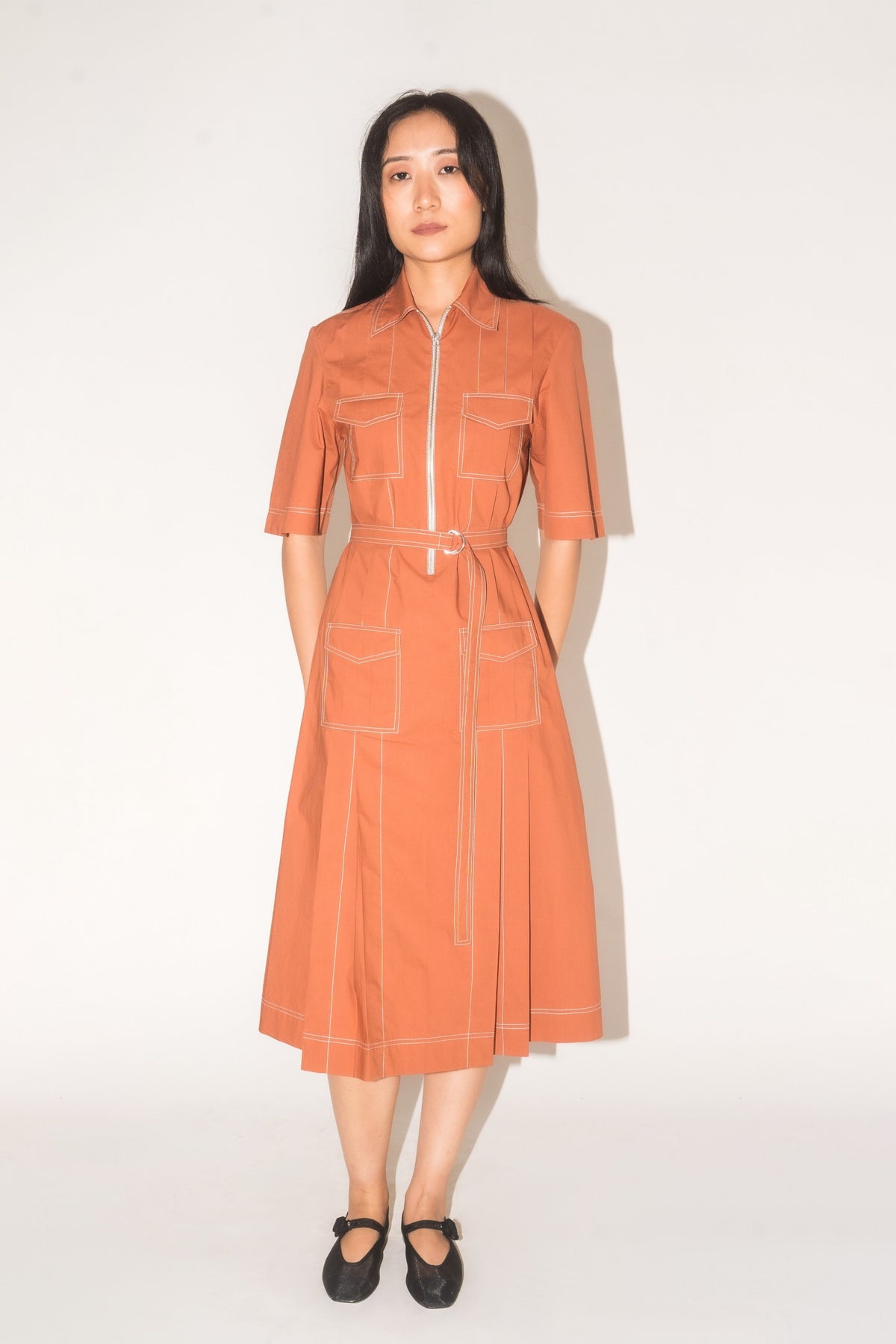 Pleated Safari Brown Dress