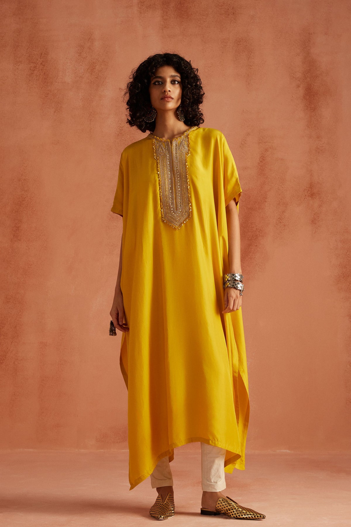 Yellow French Knot Kaftan Set