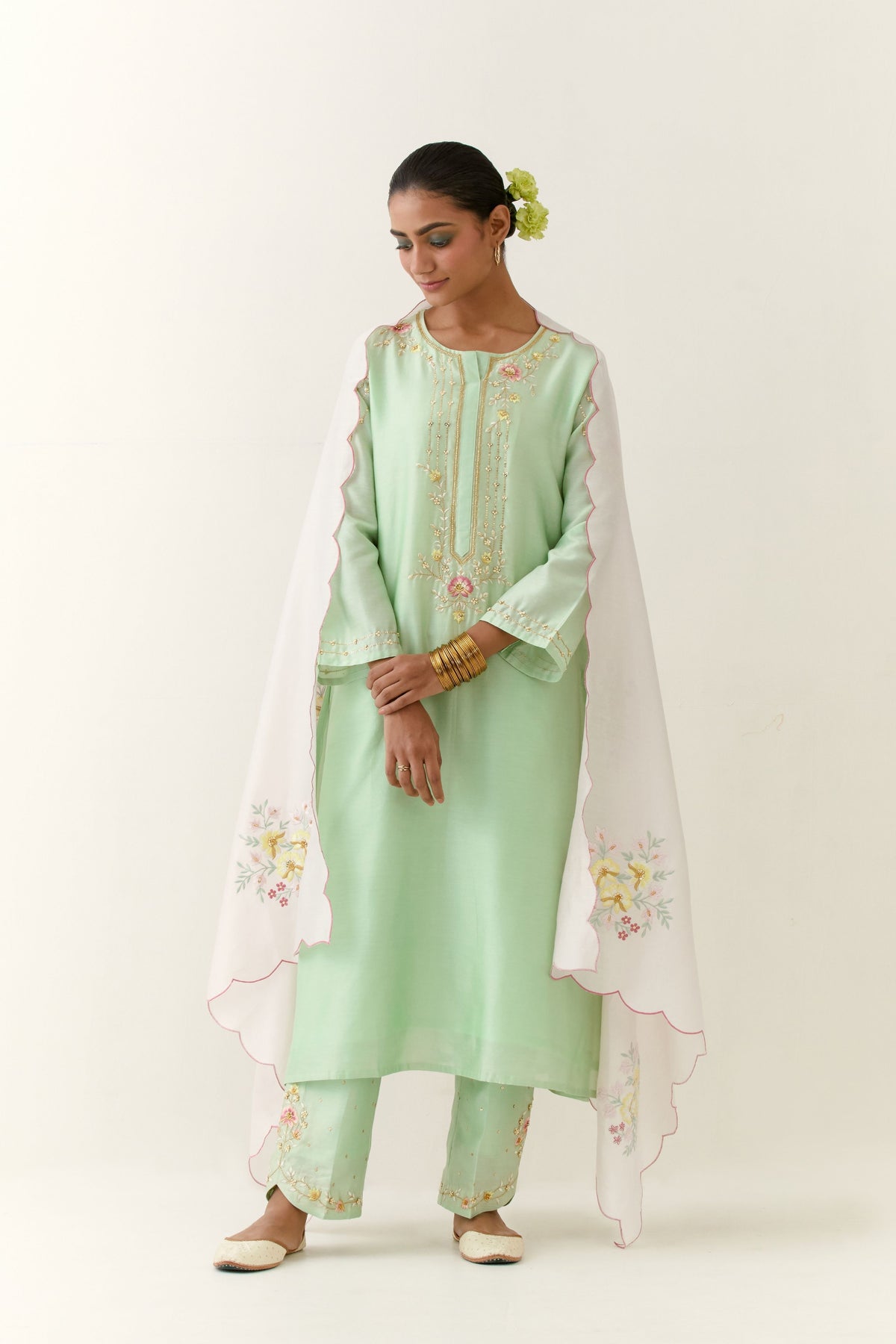 Green Hand embroidered Kurta Set