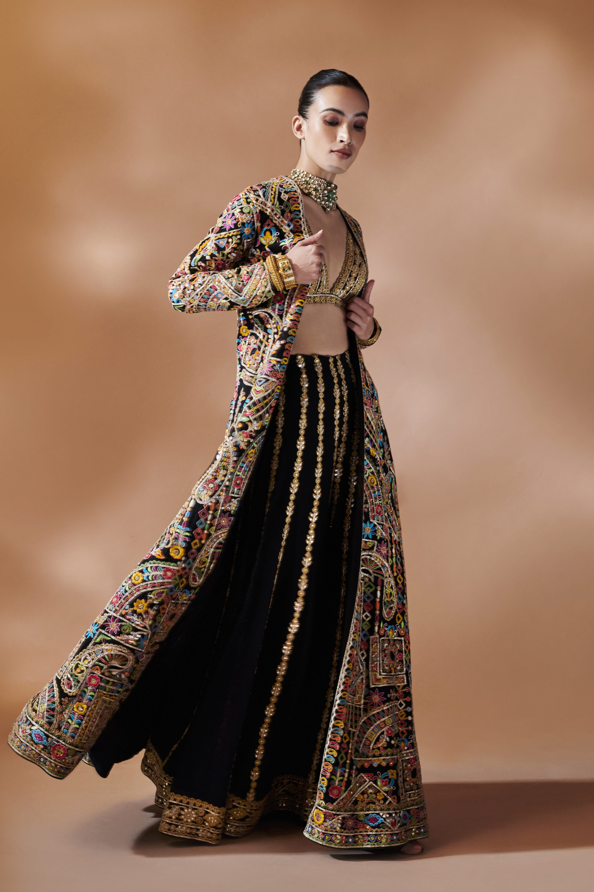 Black Long Embroidered Jacket With A Bustier And Sharara