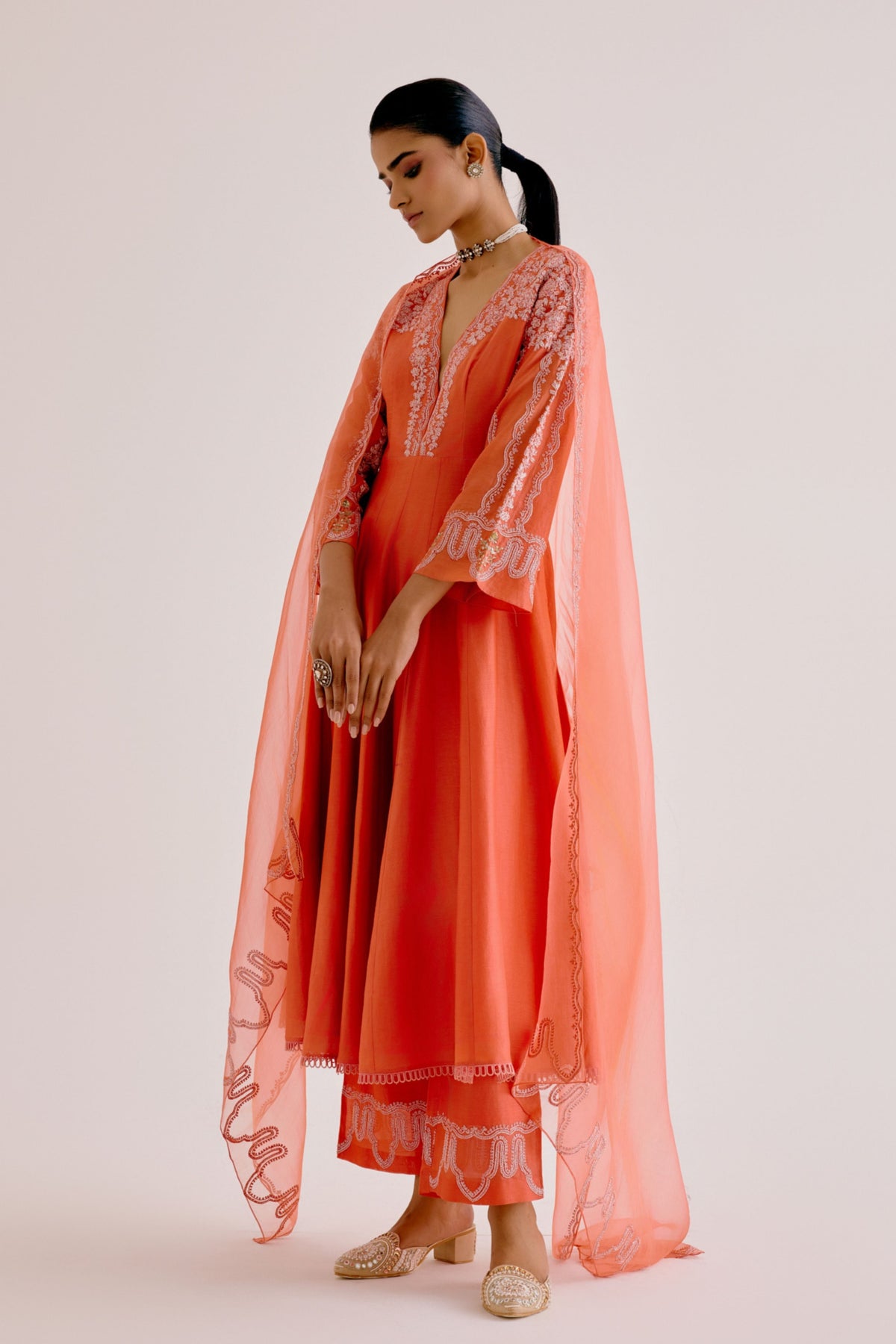 Orange Embroidered Anarkali Set