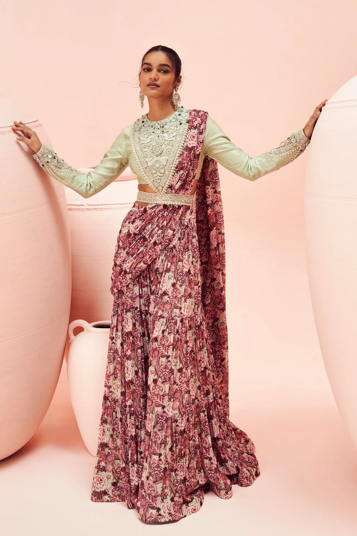 Pistachio Abstract Floral Palazzo Saree Set