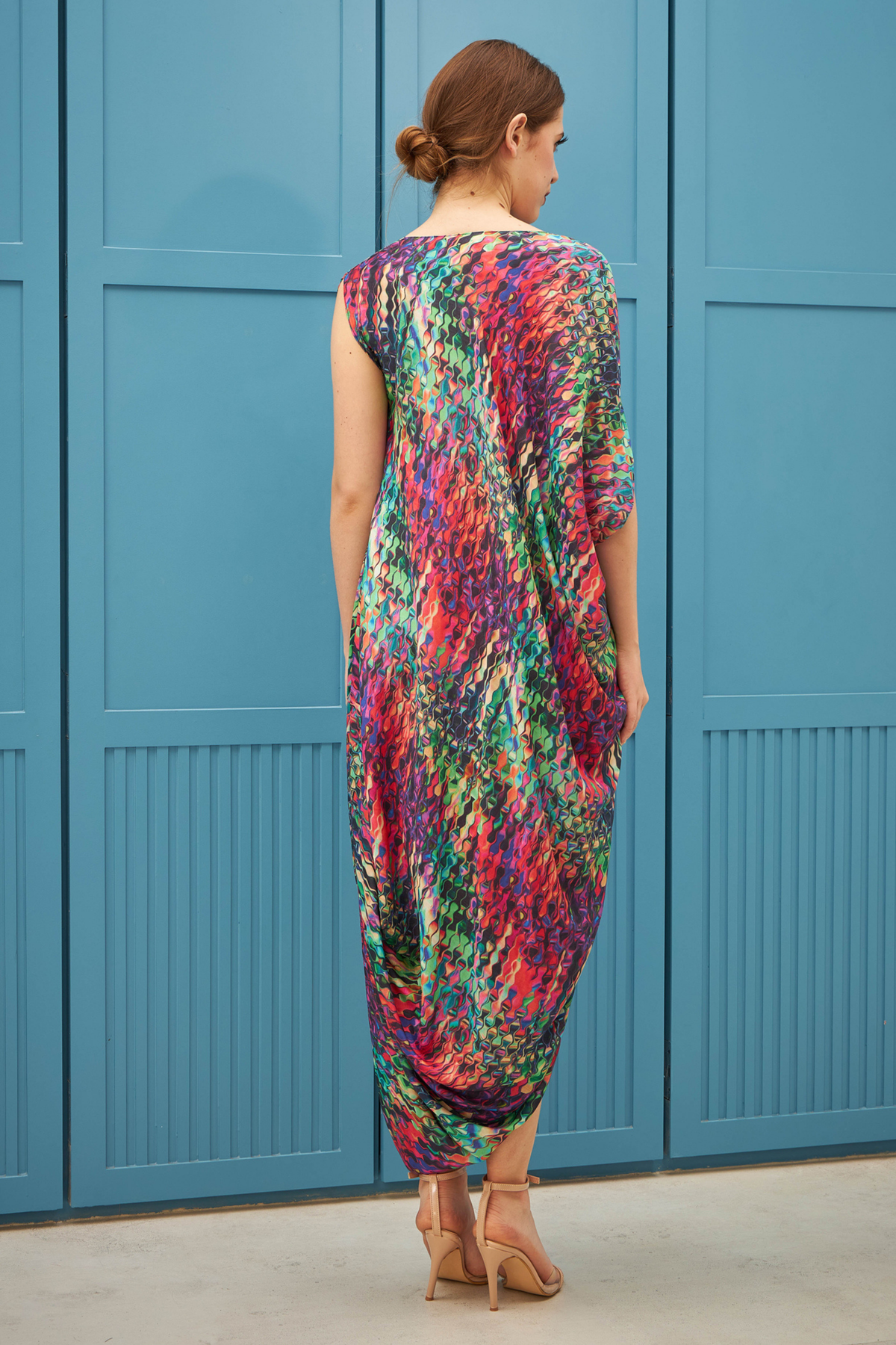 Multi-printed Twisted Drape Dress