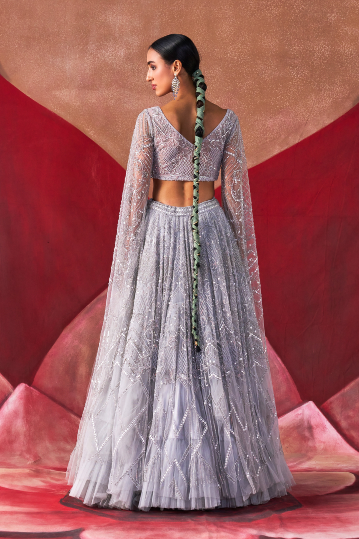 Grey Cocktail Flared Sleeves Lehenga Set