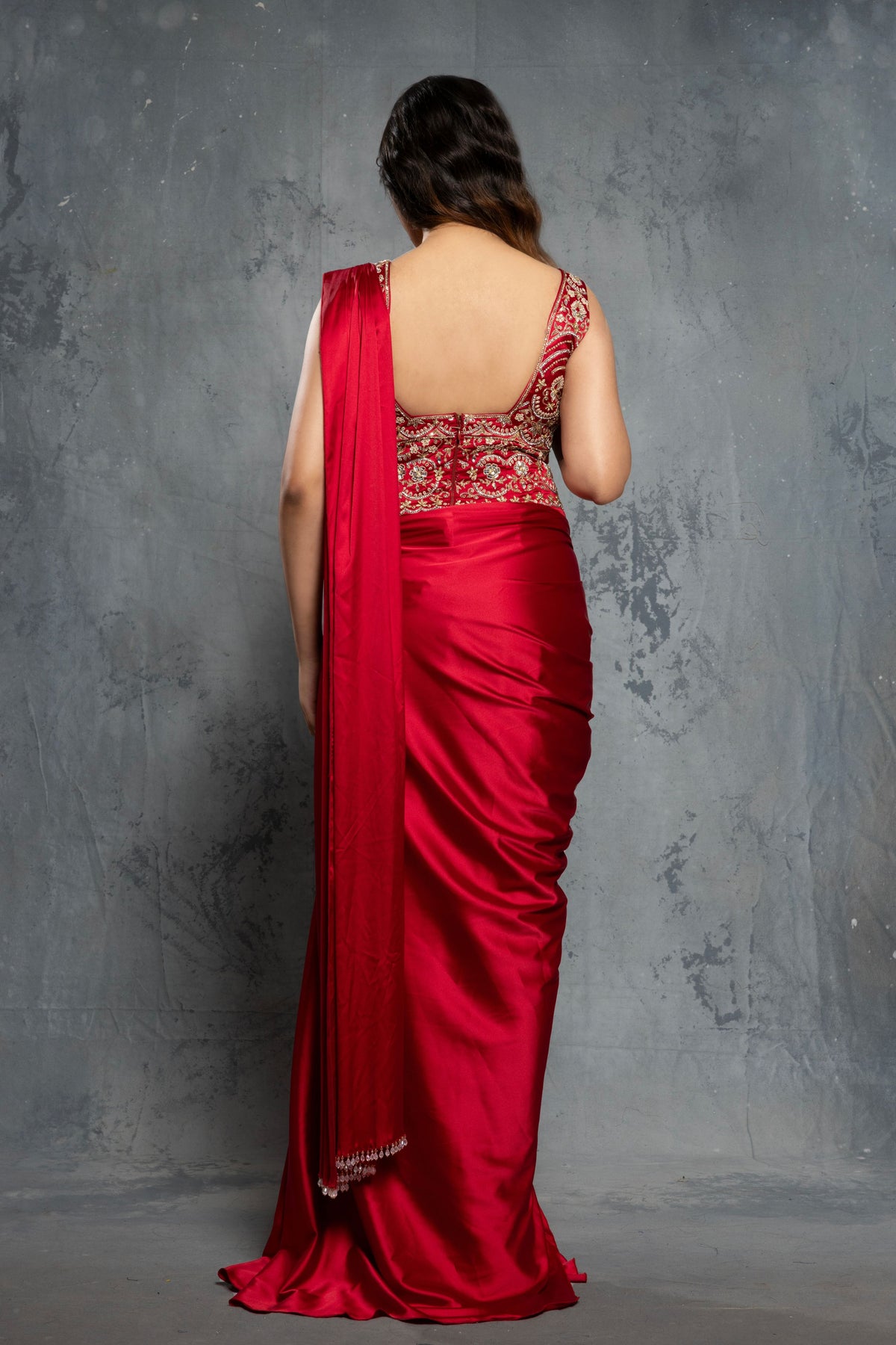 Cardinal Red Charmuse Saree Gown