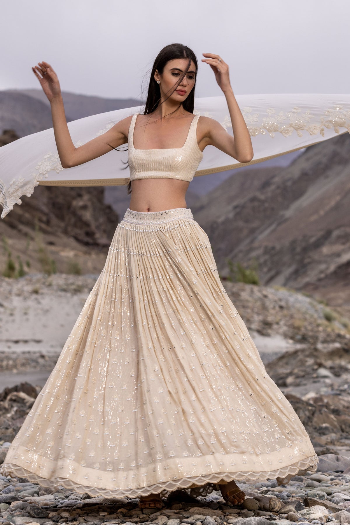 Beige Mirror Booti Lehenga