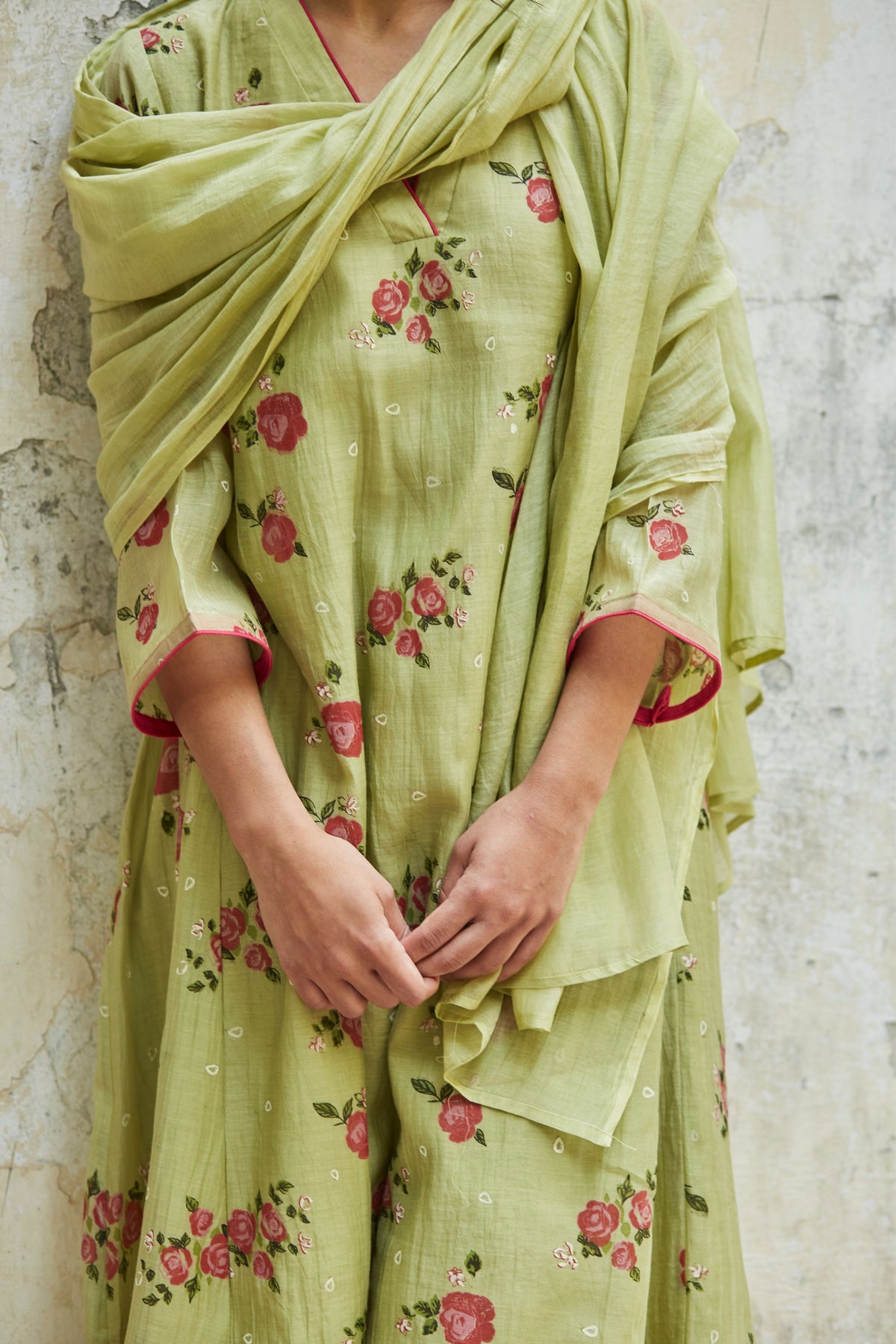 Handwoven Chanderi Pista Green Kurta Set