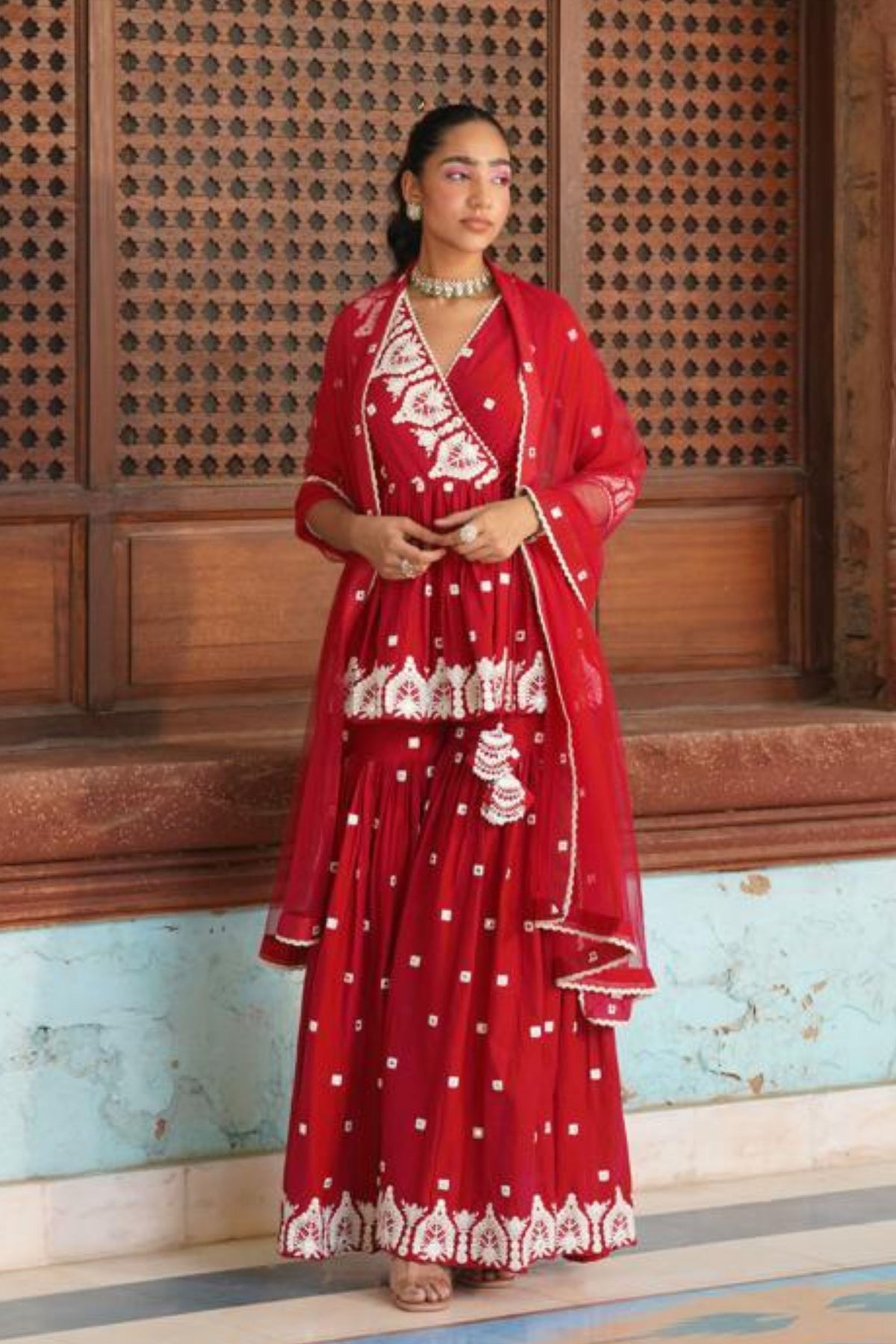 Red Temple Sharara Set