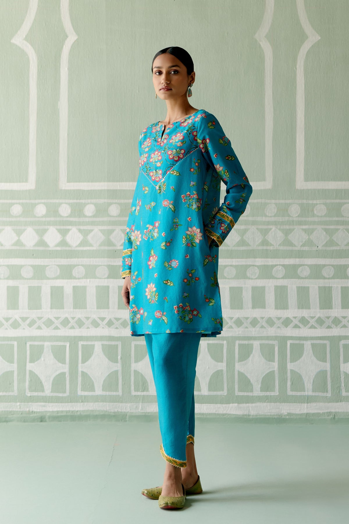 Turquoise &amp; Mustard Floral Kurta Set