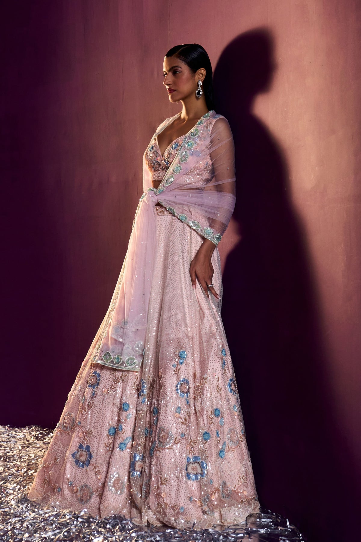 Peach Net Floral Lehenga Set