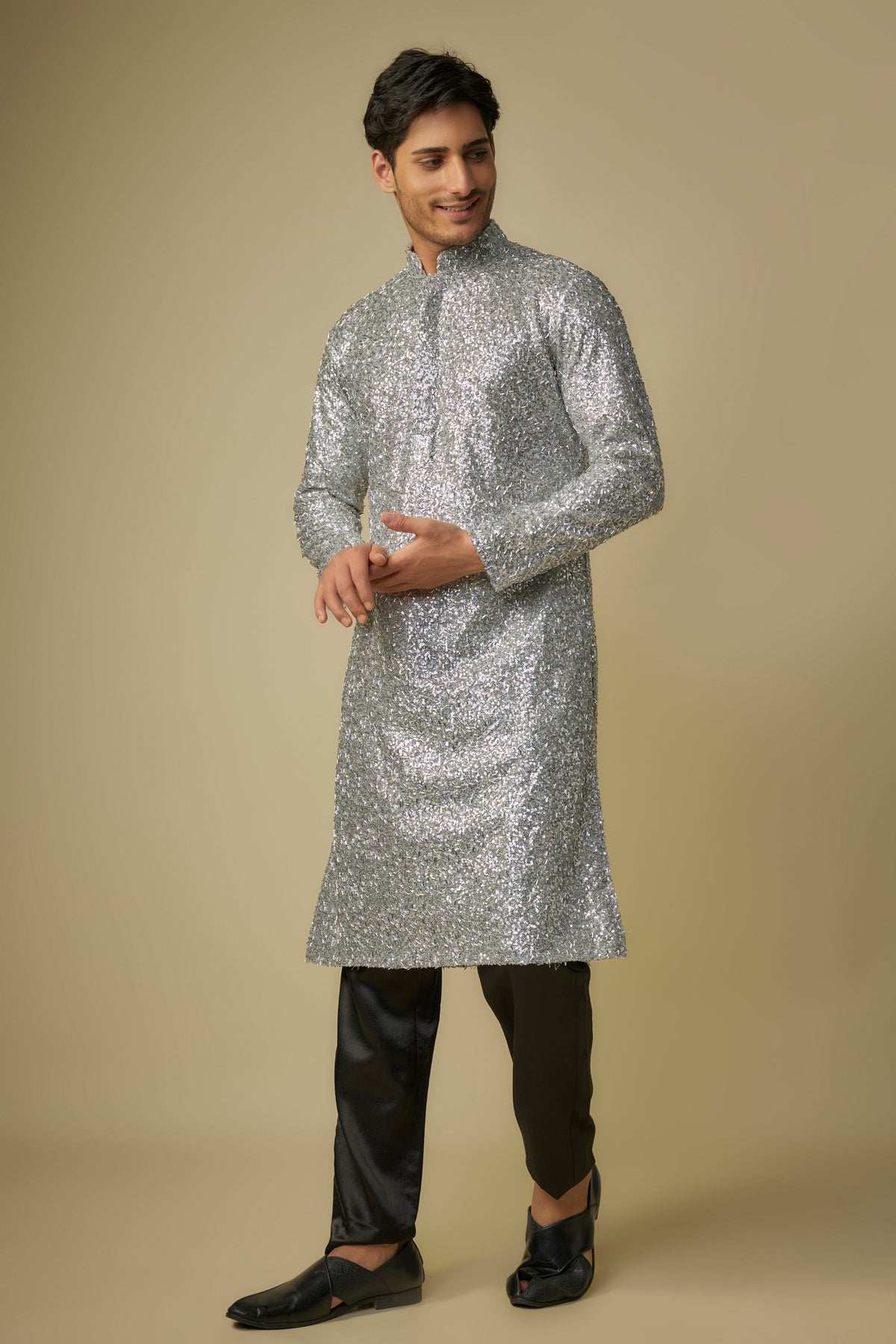 Silver Embroidered Kurta With Pants