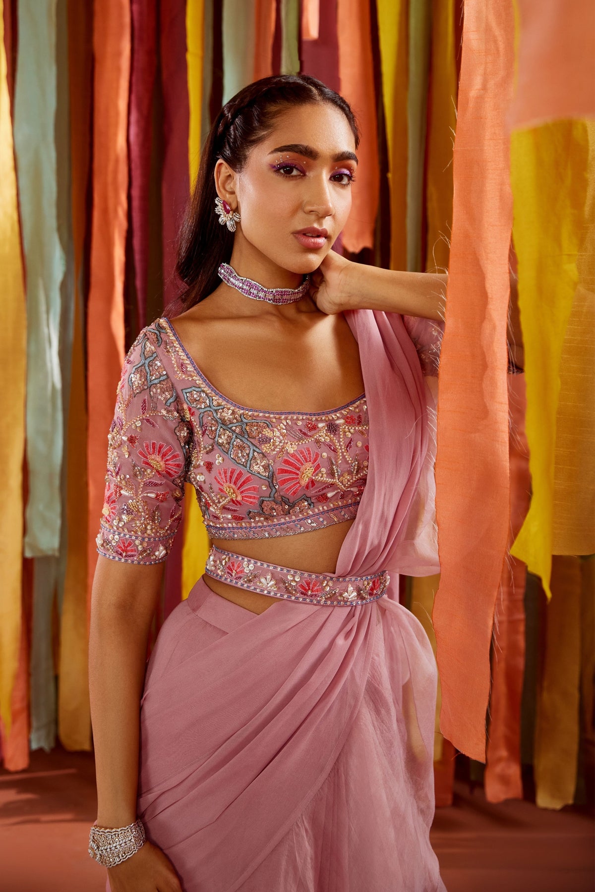 Mauve Pre-draped Ruffle Saree Set