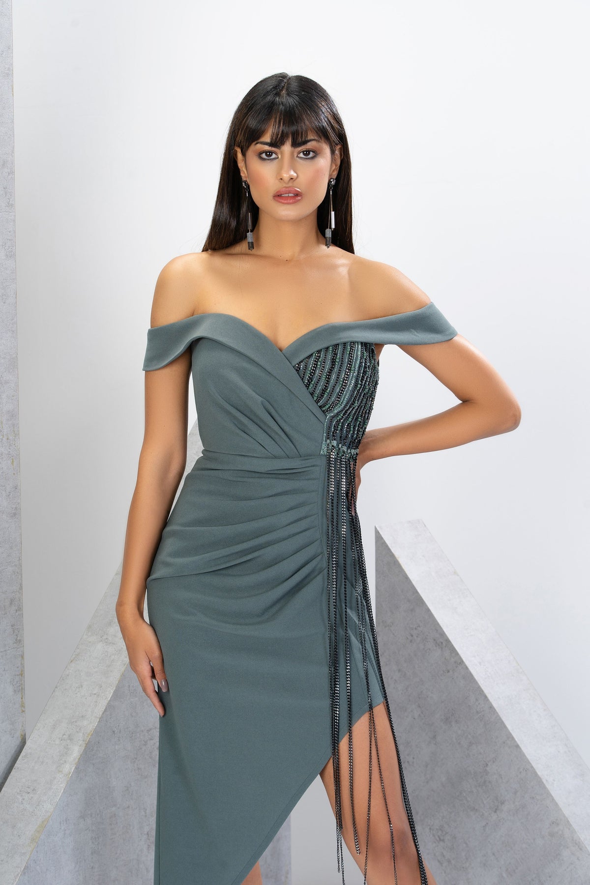 Sienna Off-shoulder Green Mini Dress