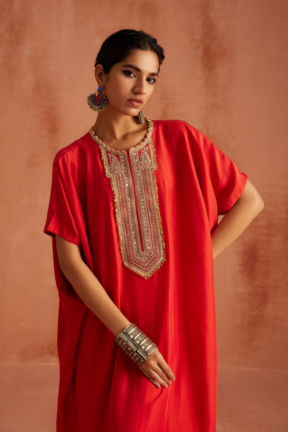 Red French Knot Kaftan Set