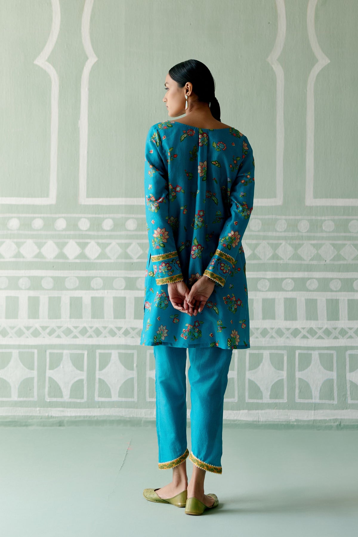 Turquoise &amp; Mustard Floral Kurta Set