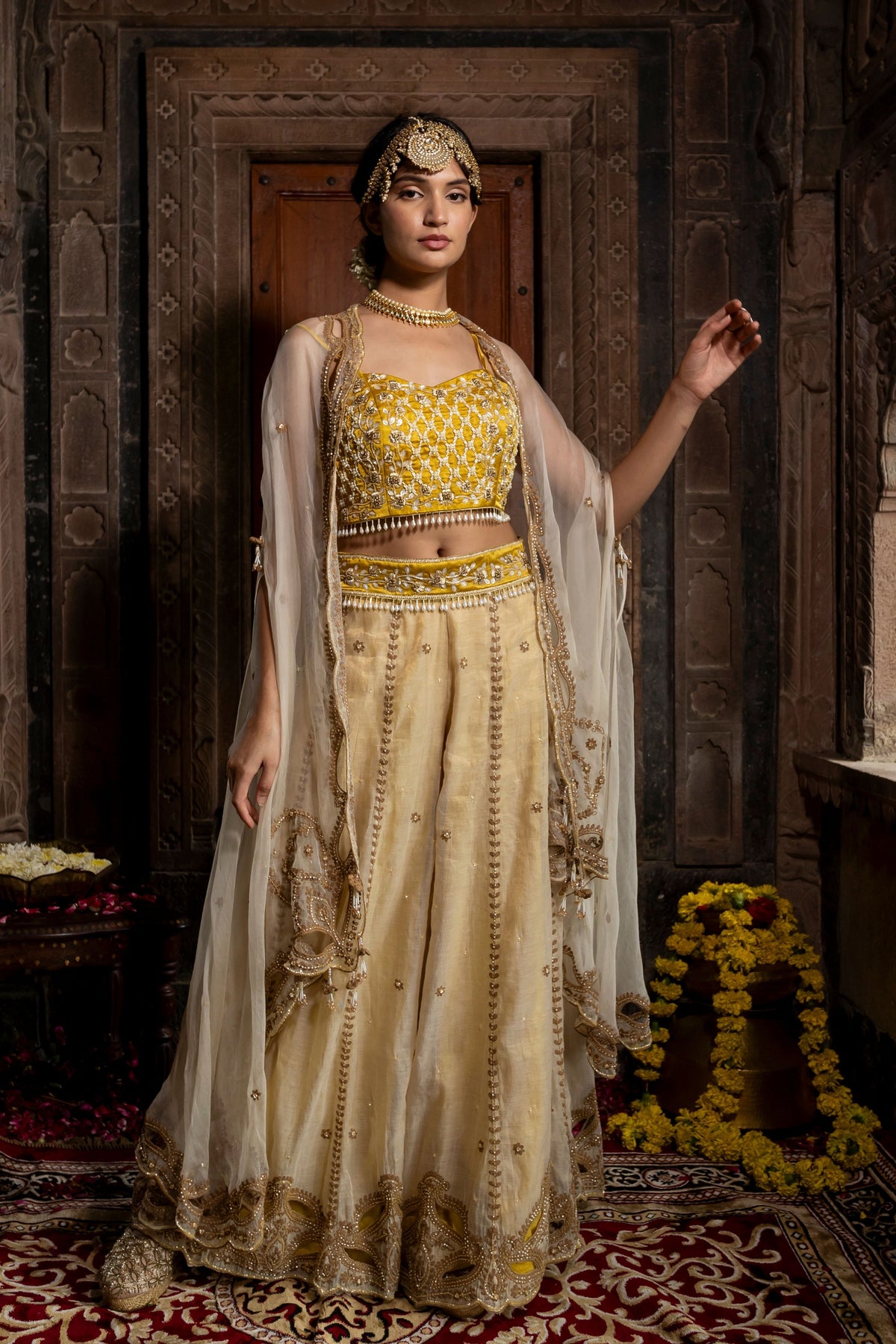 Yellow Beige Cape Sharara Set