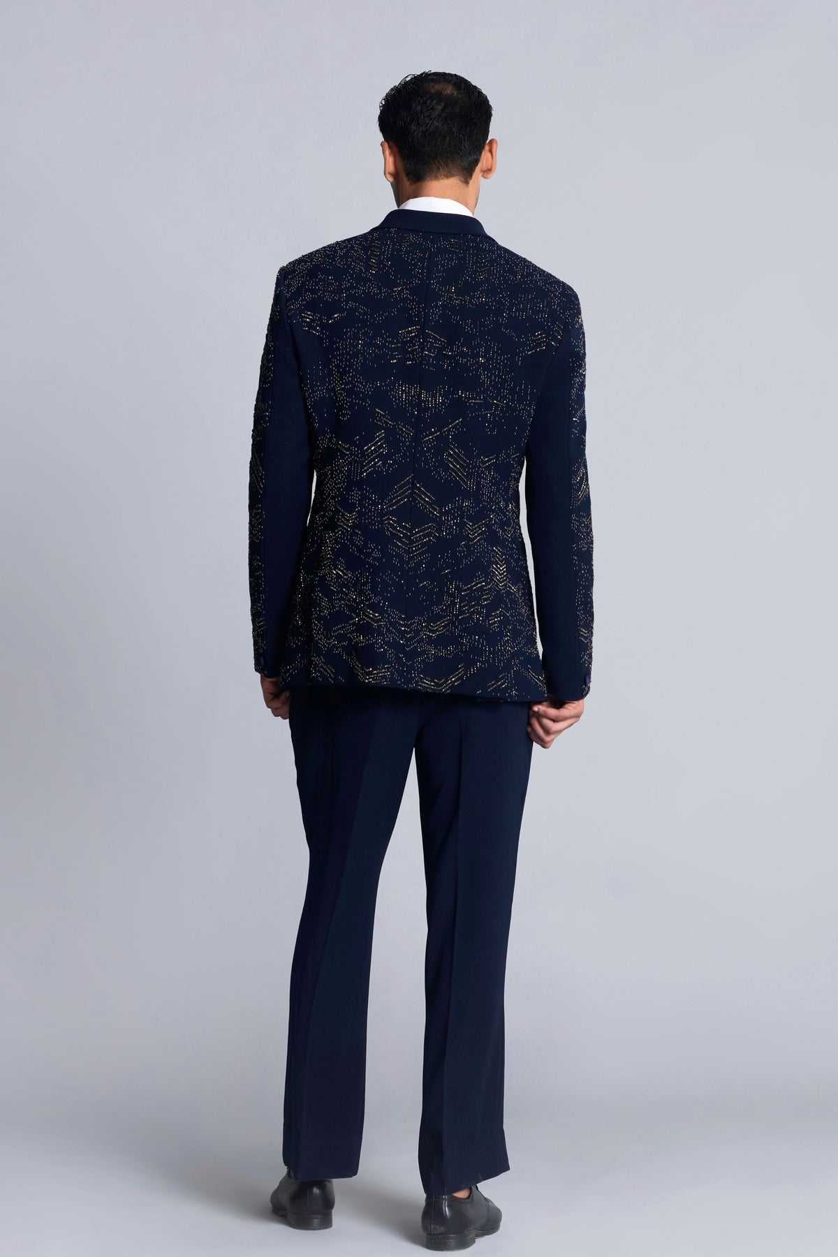 Navy Blue Sandwash Pearl Embroidered Tuxedo Set