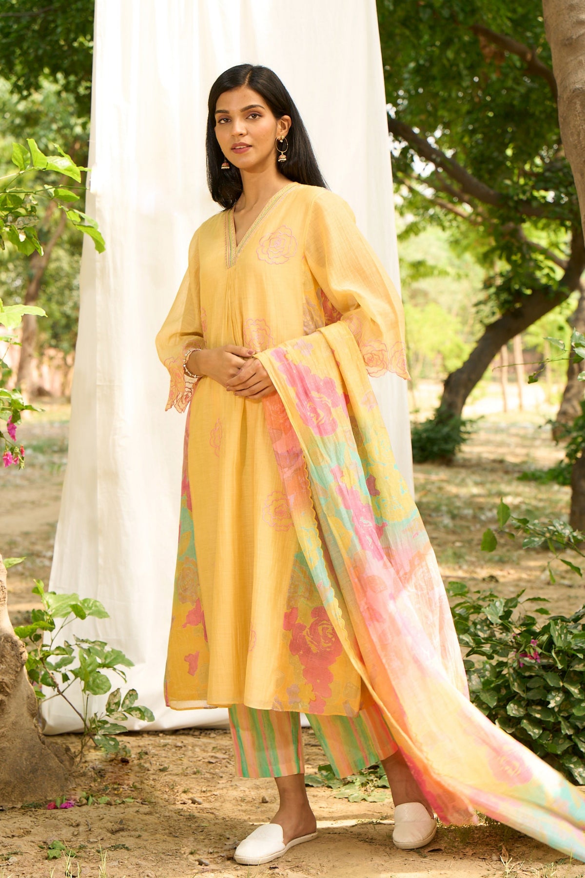 Yellow Kurta Set With Floral Embroidery