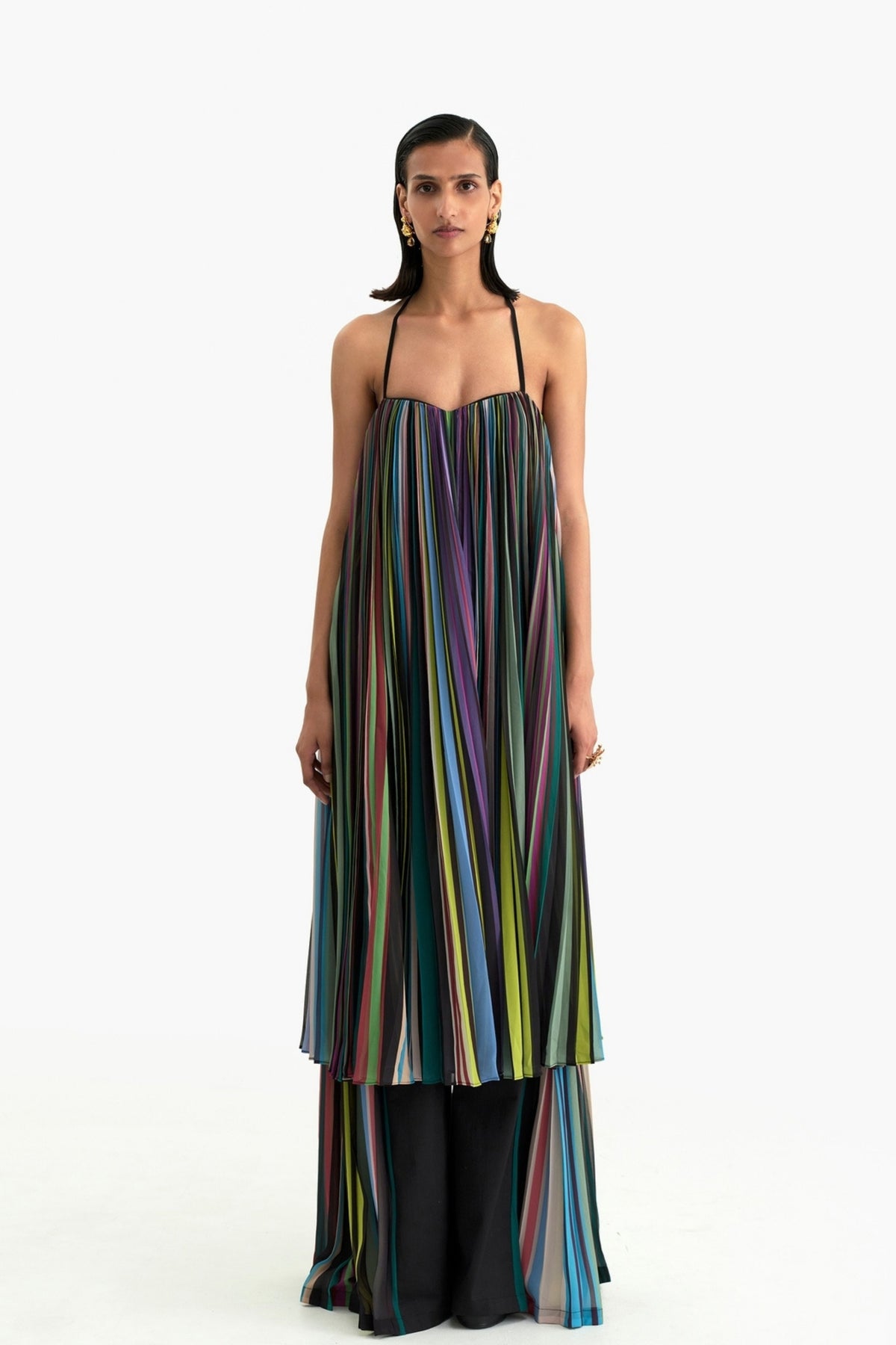 Printed Pleated Striped Dress