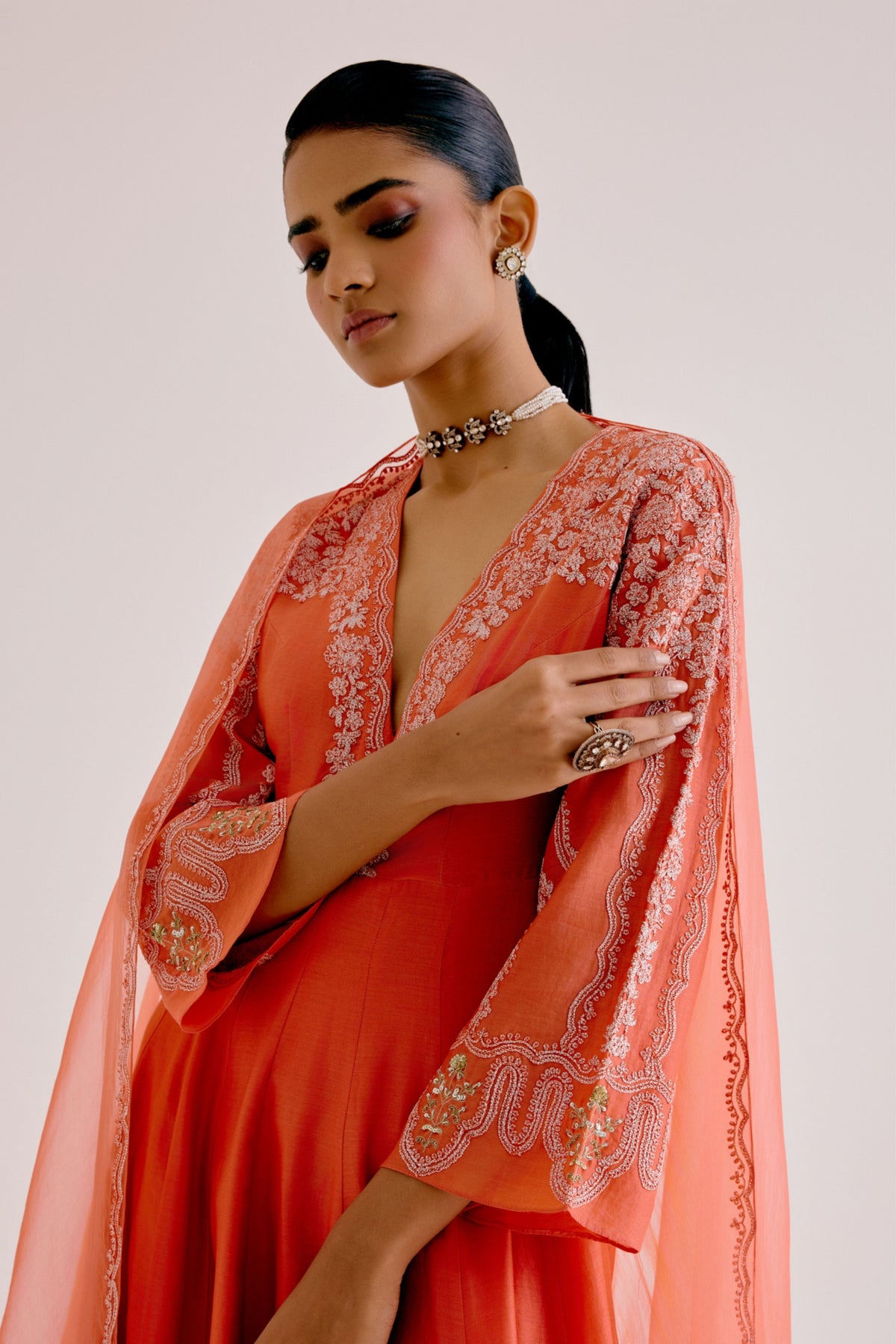 Orange Embroidered Anarkali Set