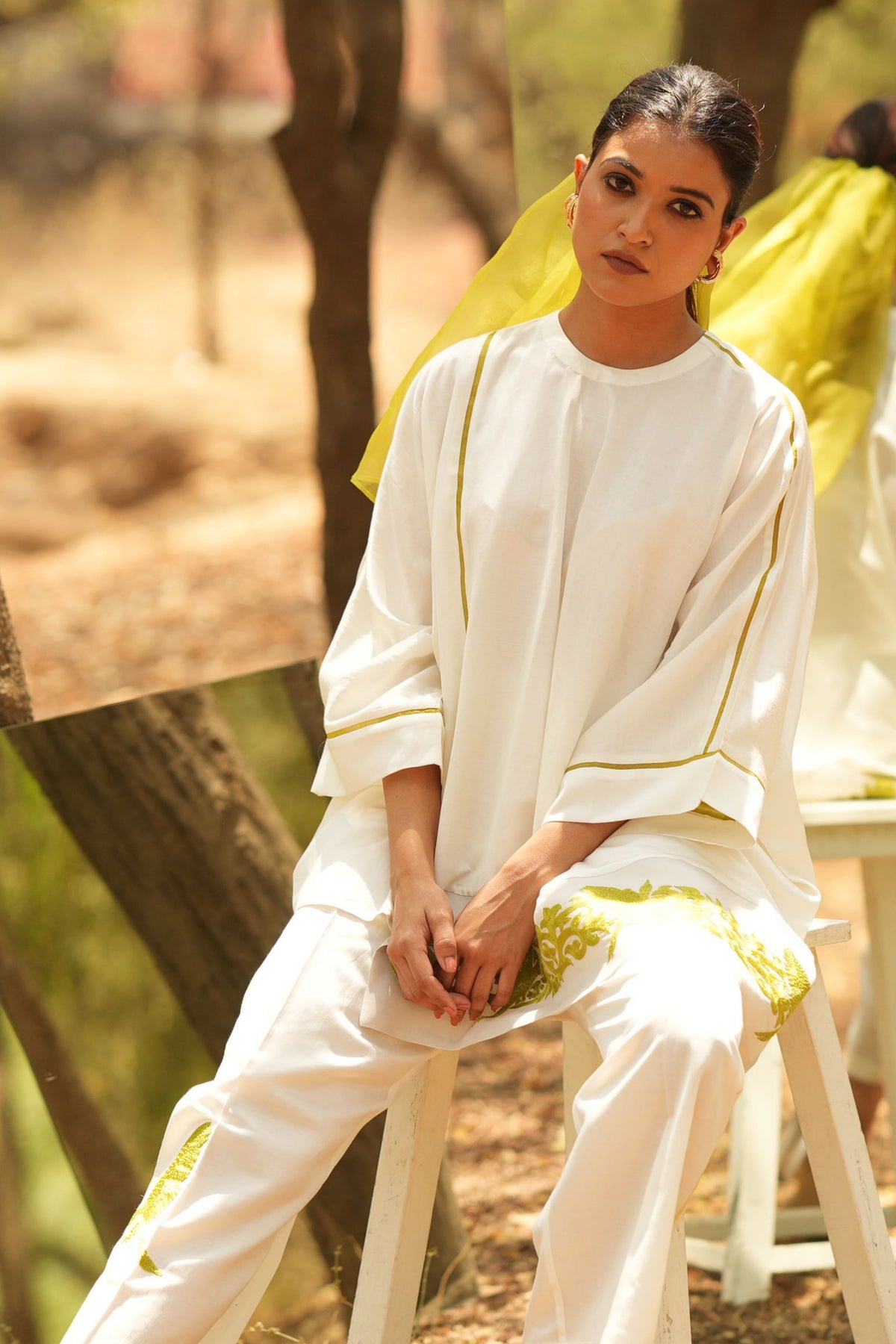 White Embroidered Short Kaftan With Pants