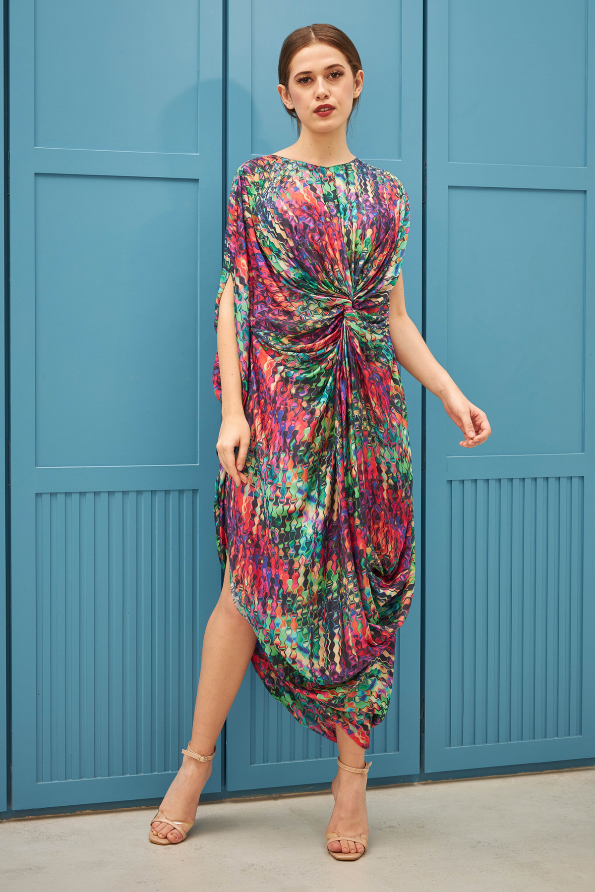 Multi-printed Twisted Drape Dress