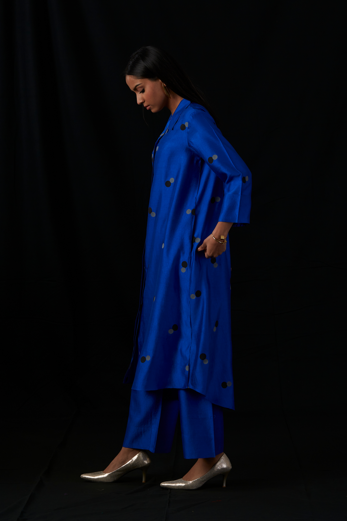 Cobalt Blue Block Printed Silk Shirt Set